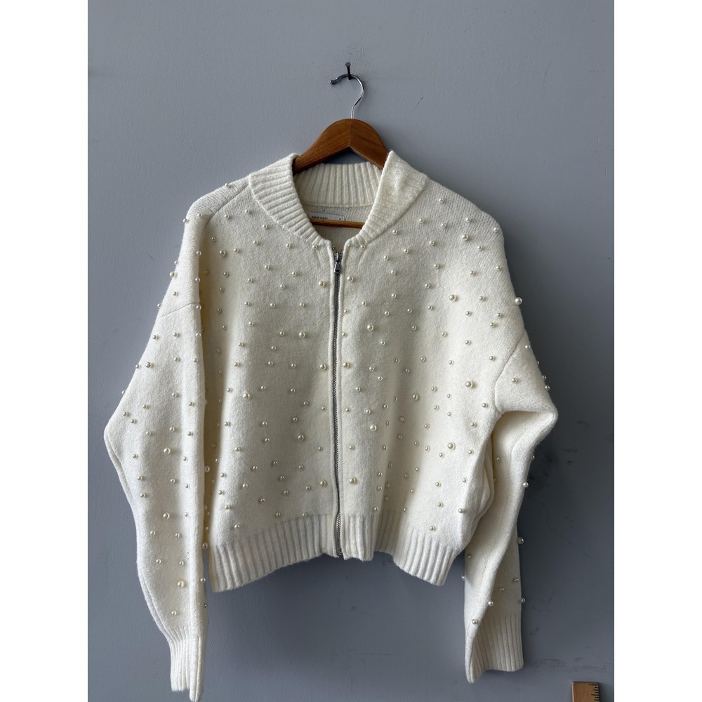 Nine West Sweater Womens Medium White Pearl Beaded Full Zip Knit Long Sleeve